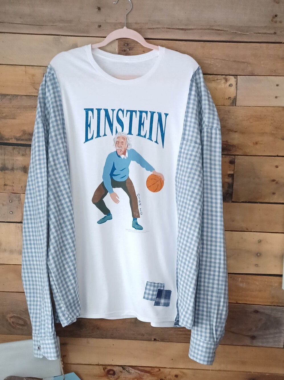 Upcycled Einstein Graphic White Long-Sleeve Shirt with Blue Gingham Sleeves